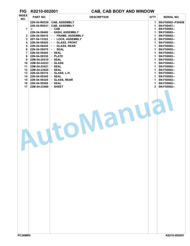 Komatsu PC30MR-5 Hydraulic Excavator Parts Manual F50002-UP-3
