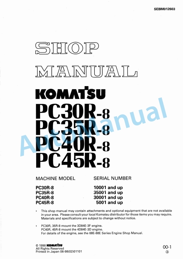 Komatsu PC30R-8, PC35R-8, PC40R-8, PC45R-8 Hydraulic Excavator Shop Manual SEBM012603