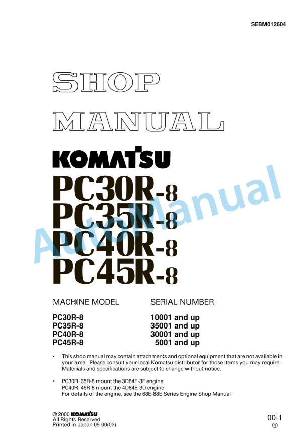 Komatsu PC30R-8, PC35R-8, PC40R-8, PC45R-8 Hydraulic Excavator Shop Manual SEBM012604