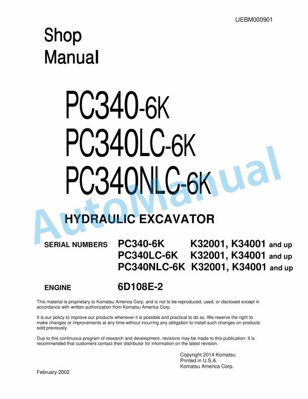 Komatsu PC340-6K, PC340LC-6K, PC340NLC-6K Hydraulic Excavator Shop Manual UEBM000901