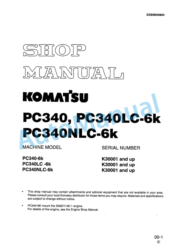 Komatsu PC340-6K, PC340LC-6K, PC340NLC-6K Shop Manual EEBM000804