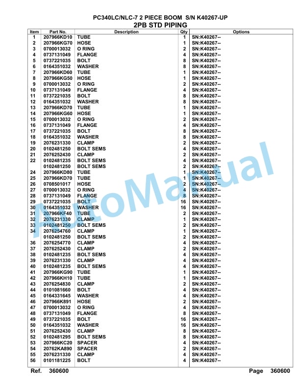 Komatsu PC340LC-7, PC340NLC-7 2 Piece Boom Hydraulic Excavator Parts Manual K40267-UP-3