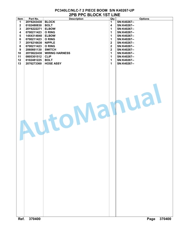 Komatsu PC340LC-7, PC340NLC-7 2 Piece Boom Hydraulic Excavator Parts Manual K40267-UP-5