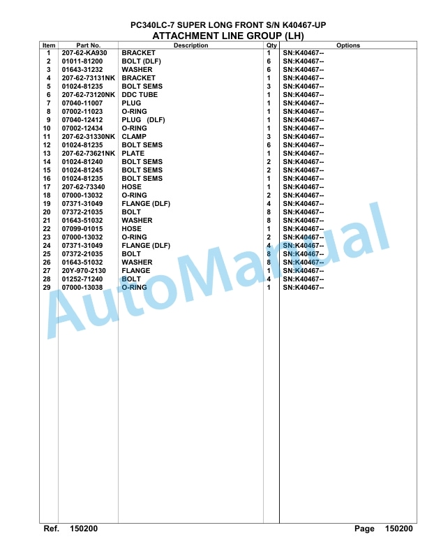 Komatsu PC340LC-7 Super Long Front Hydraulic Excavator Parts Manual K40467-UP-2