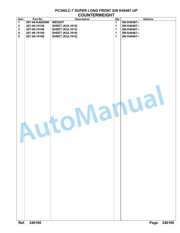 Komatsu PC340LC-7 Super Long Front Hydraulic Excavator Parts Manual K40467-UP-3