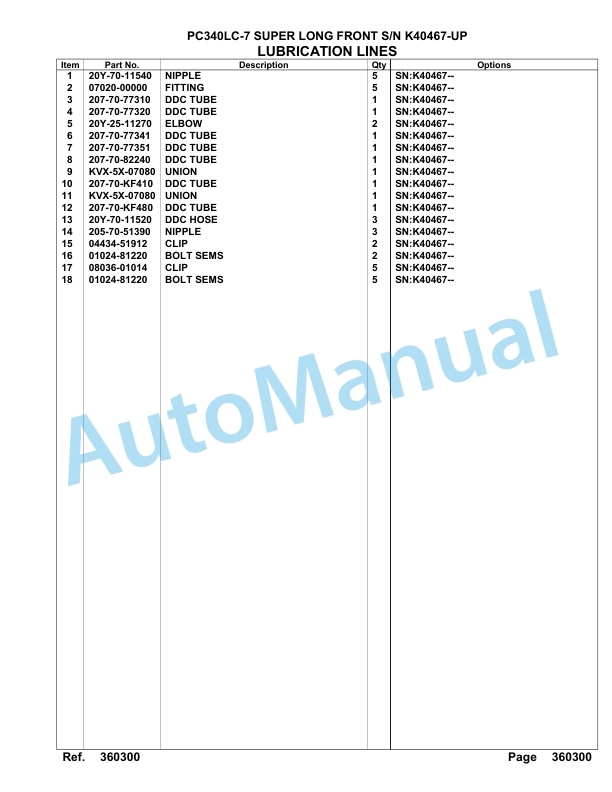 Komatsu PC340LC-7 Super Long Front Hydraulic Excavator Parts Manual K40467-UP-4