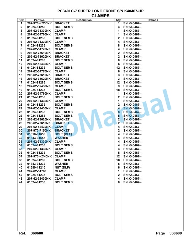 Komatsu PC340LC-7 Super Long Front Hydraulic Excavator Parts Manual K40467-UP-5