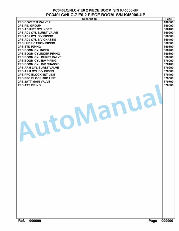 Komatsu PC340LC-7E0, PC340NLC-7E0 2 Piece Boom Hydraulic Excavator Parts Manual K45000-UP