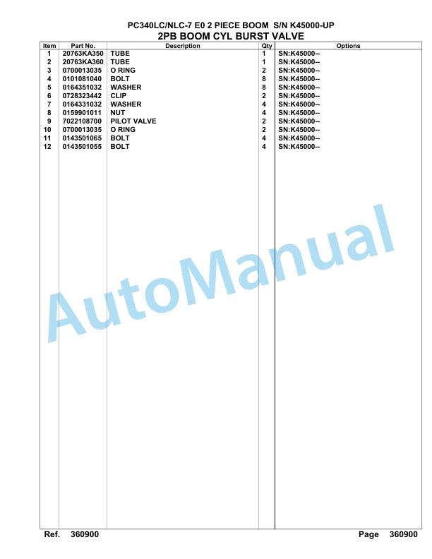 Komatsu PC340LC-7E0, PC340NLC-7E0 2 Piece Boom Hydraulic Excavator Parts Manual K45000-UP-4