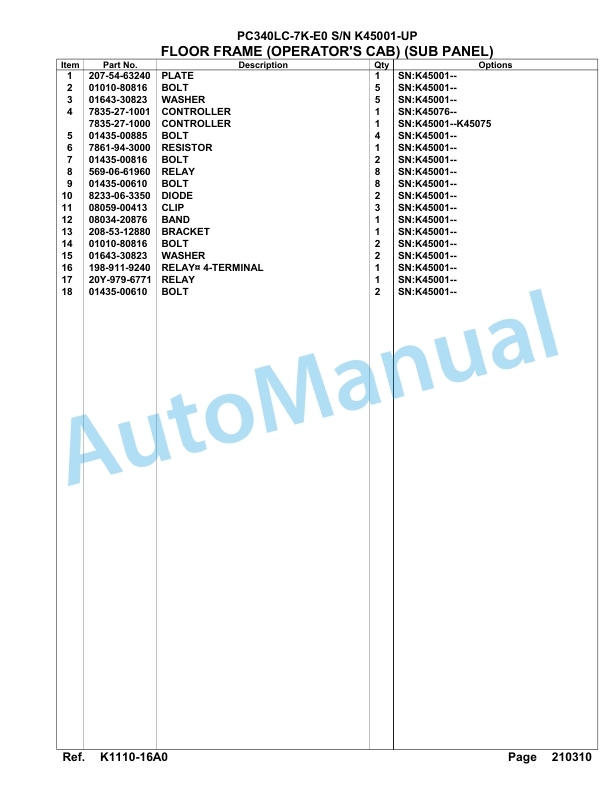 Komatsu PC340LC-7K-E0 Hydraulic Excavator Parts Manual SAA6D2PC-3