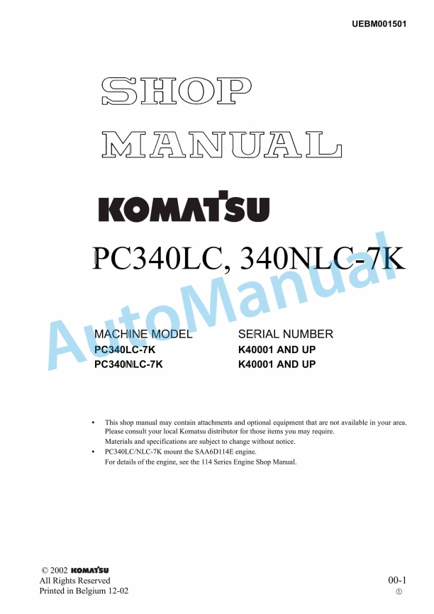 Komatsu PC340LC-7K, PC340NLC-7K Hydraulic Excavator Shop Manual UEBM001501