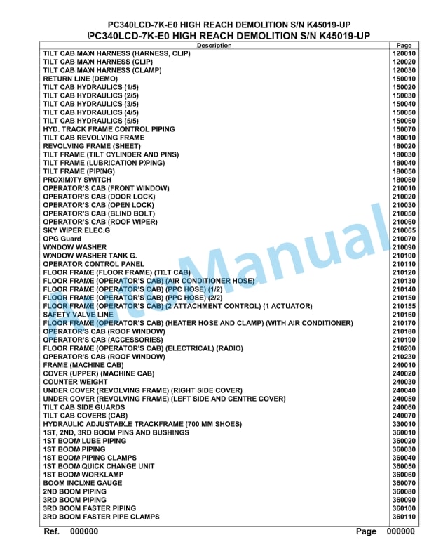 Komatsu PC340LCD-7K-E0 High Reach Demolition Hydraulic Excavator Parts Manual K45019-UP