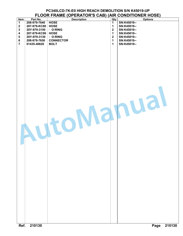 Komatsu PC340LCD-7K-E0 High Reach Demolition Hydraulic Excavator Parts Manual K45019-UP-3