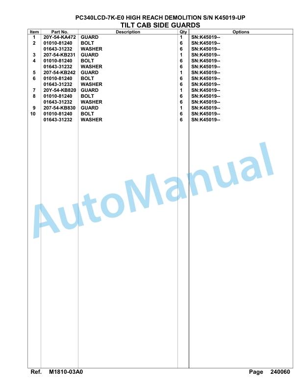 Komatsu PC340LCD-7K-E0 High Reach Demolition Hydraulic Excavator Parts Manual K45019-UP-4