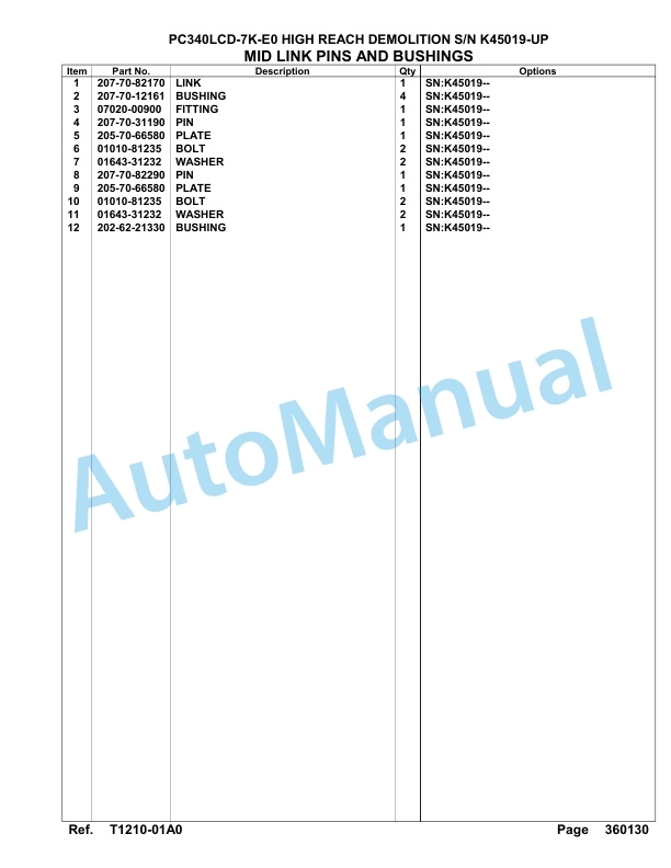 Komatsu PC340LCD-7K-E0 High Reach Demolition Hydraulic Excavator Parts Manual K45019-UP-5