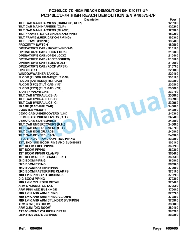 Komatsu PC340LCD-7K High Reach Demolition Hydraulic Excavator Parts Manual K40575-UP