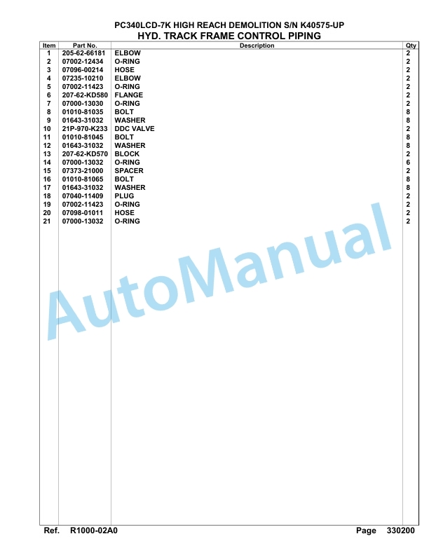 Komatsu PC340LCD-7K High Reach Demolition Hydraulic Excavator Parts Manual K40575-UP-4