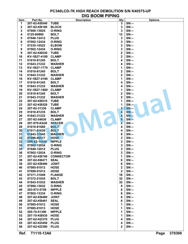 Komatsu PC340LCD-7K High Reach Demolition Hydraulic Excavator Parts Manual K40575-UP-5