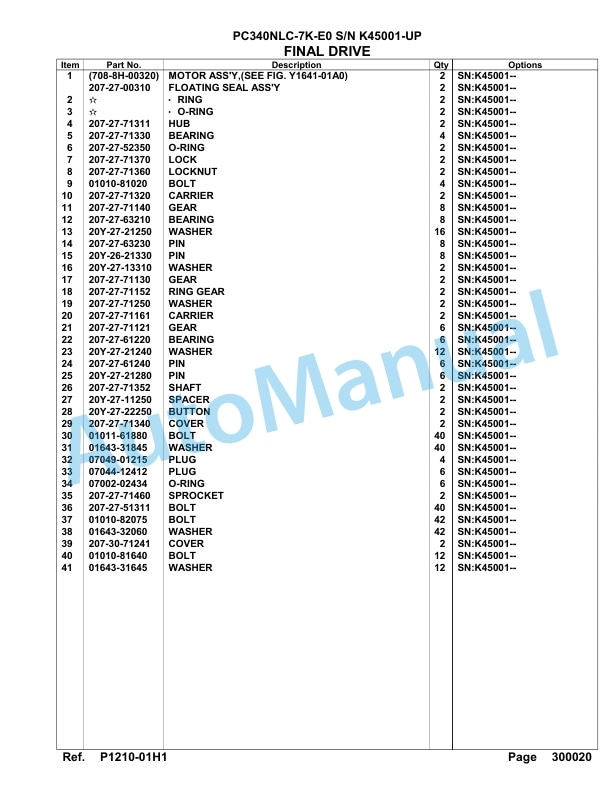 Komatsu PC340NLC-7K-E0 Hydraulic Excavator Parts Manual SAA6D2PC-4