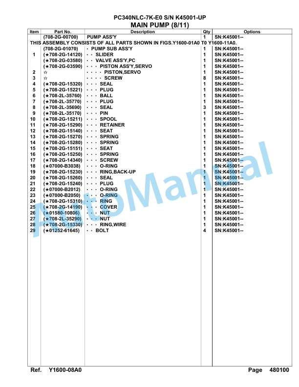 Komatsu PC340NLC-7K-E0 Hydraulic Excavator Parts Manual SAA6D2PC-5