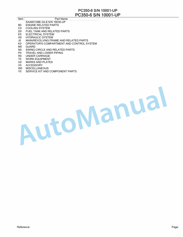 Komatsu PC350-6 Hydraulic Excavator Parts Manual 10001-UP