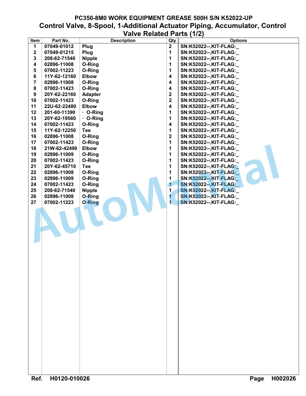 Komatsu PC350-8M0 Work Equipment Grease 500H Hydraulic Excavator Parts Manual PC00054U-2