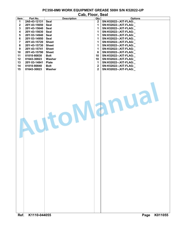 Komatsu PC350-8M0 Work Equipment Grease 500H Hydraulic Excavator Parts Manual PC00054U-4