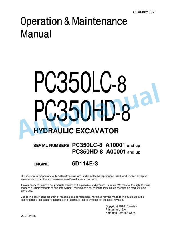 Komatsu PC350LC-8, PC350HD-8 Hydraulic Excavator Operation and Maintenance Manual CEAM021802