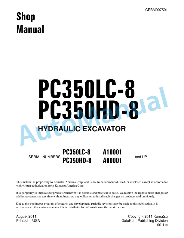 Komatsu PC350LC-8, PC350HD-8 Hydraulic Excavator Shop Manual CEBM007501