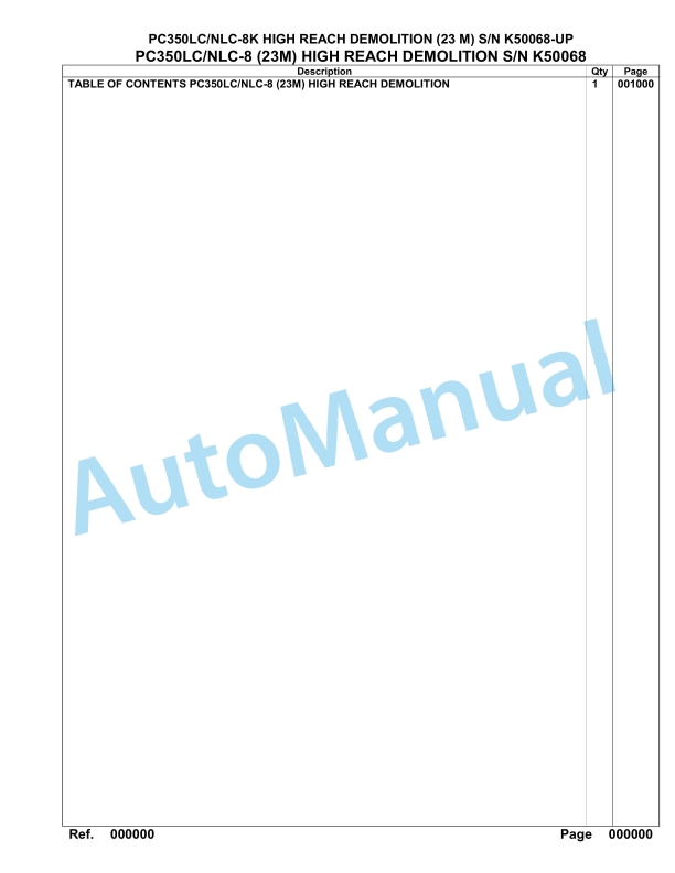 Komatsu PC350LC-8, PC350NLC-8 23M High Reach Demolition Hydraulic Excavator Parts Manual K50068-UP