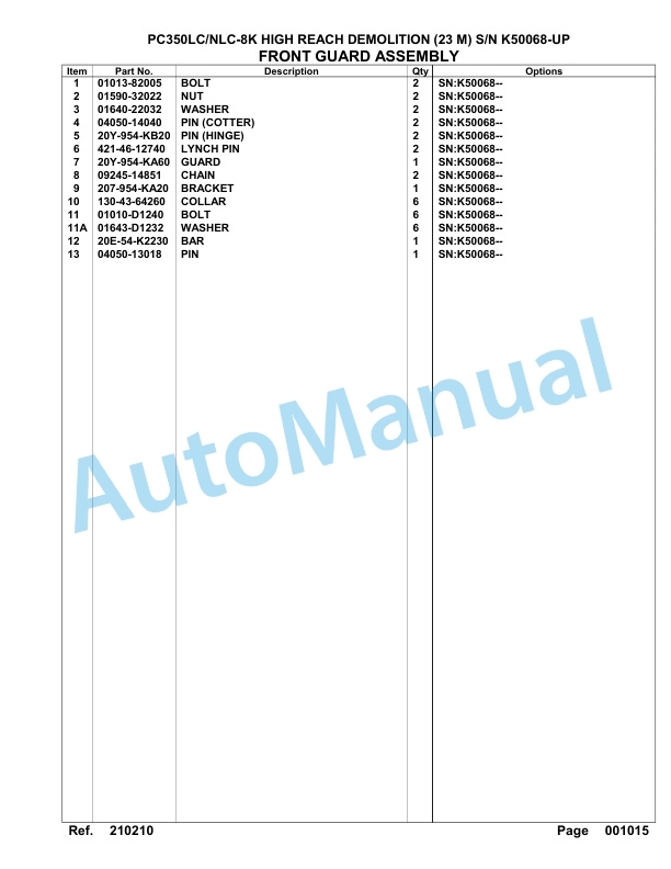 Komatsu PC350LC-8, PC350NLC-8 23M High Reach Demolition Hydraulic Excavator Parts Manual K50068-UP-2