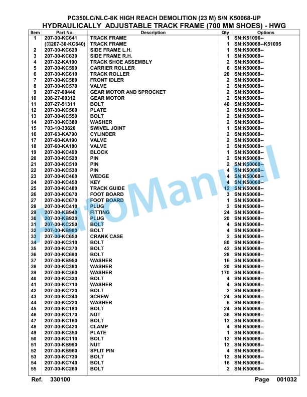 Komatsu PC350LC-8, PC350NLC-8 23M High Reach Demolition Hydraulic Excavator Parts Manual K50068-UP-3
