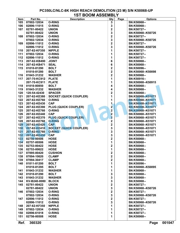Komatsu PC350LC-8, PC350NLC-8 23M High Reach Demolition Hydraulic Excavator Parts Manual K50068-UP-4