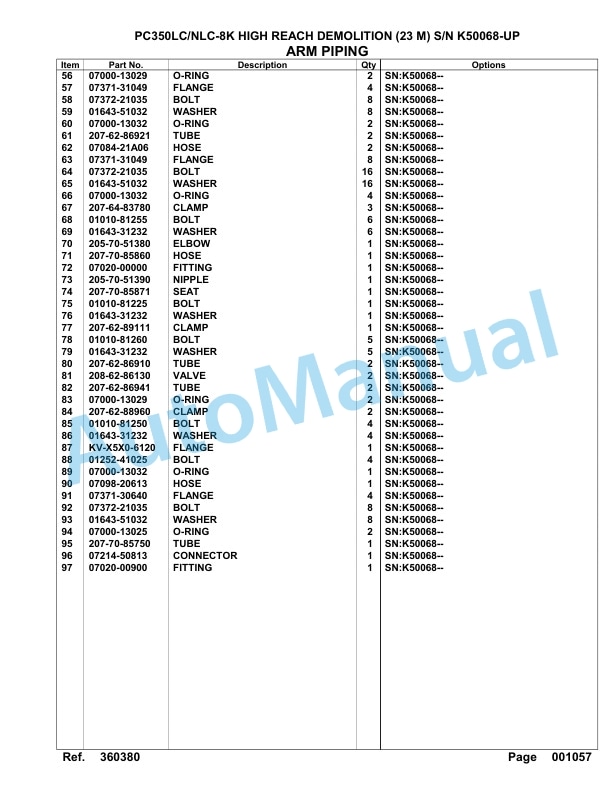 Komatsu PC350LC-8, PC350NLC-8 23M High Reach Demolition Hydraulic Excavator Parts Manual K50068-UP-5