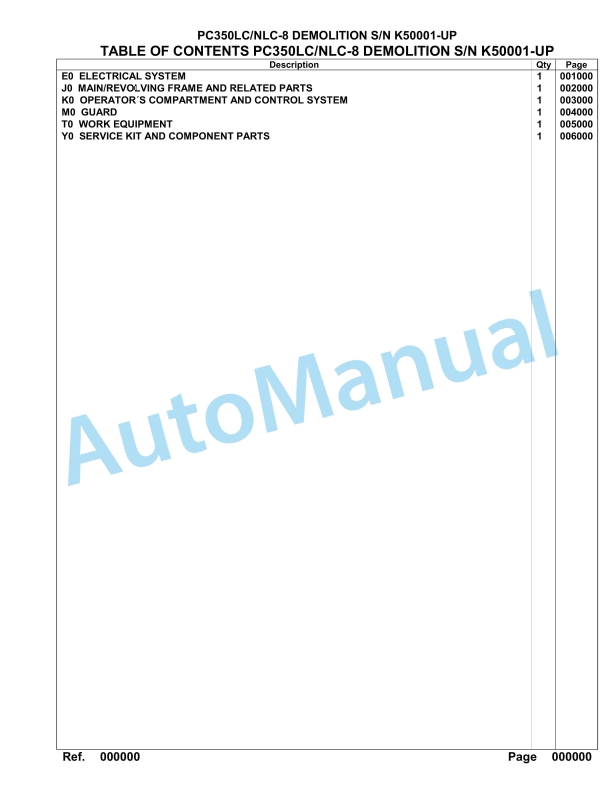 Komatsu PC350LC-8, PC350NLC-8 Demolition Hydraulic Excavator Parts Manual K50001-UP