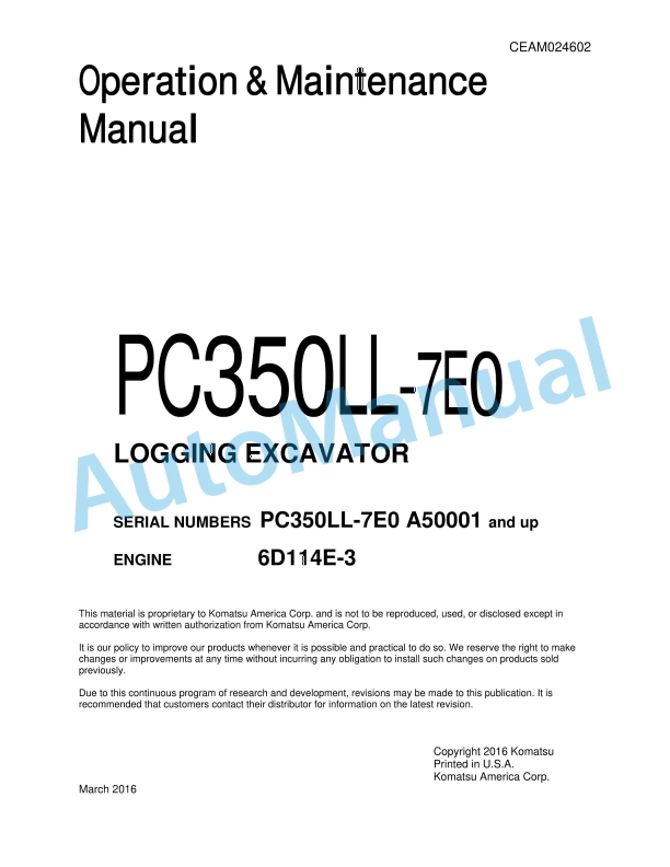 Komatsu PC350LL-7E0 Logging Excavator Operation and Maintenance Manual CEAM024602