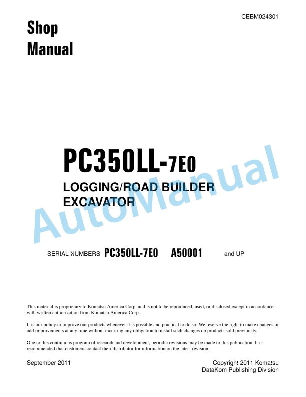 Komatsu PC350LL-7E0 Logging Excavator Shop Manual CEBM024301