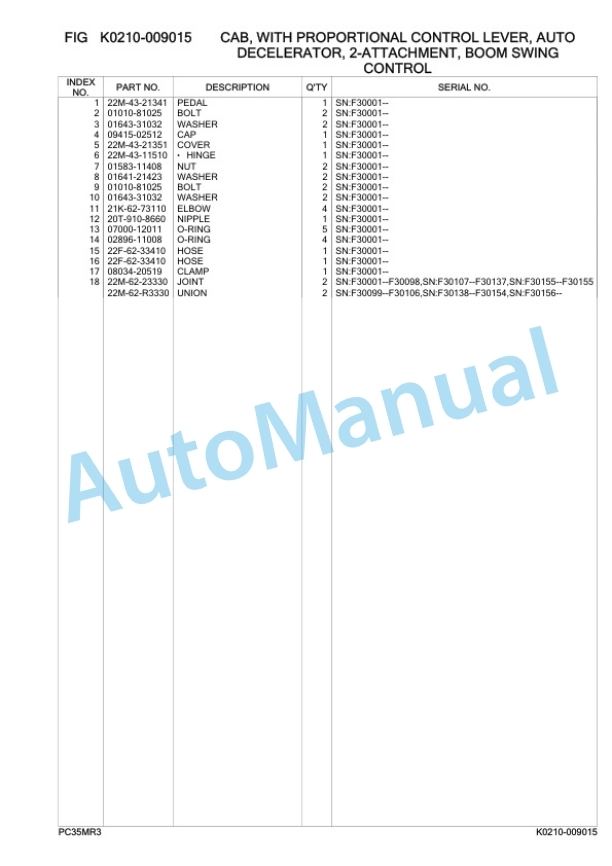 Komatsu PC35MR-3 Hydraulic Excavator Parts Manual F30001-4