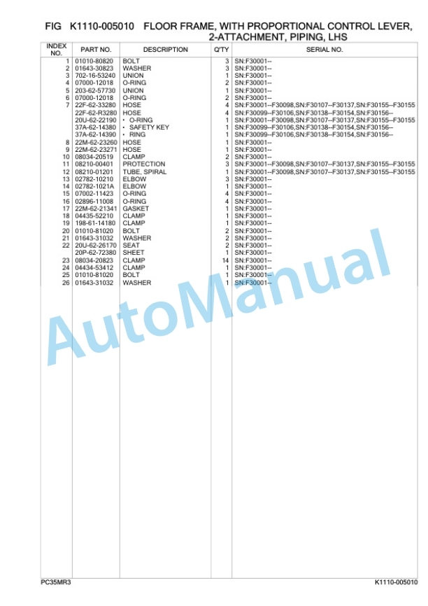 Komatsu PC35MR-3 Hydraulic Excavator Parts Manual F30001-5