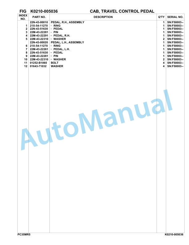 Komatsu PC35MR-5 Hydraulic Excavator Parts Manual F50003-UP-4