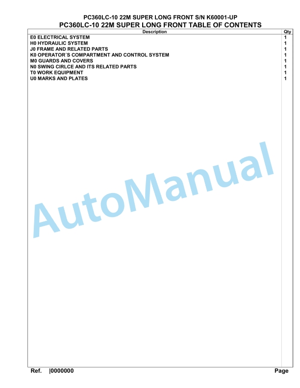 Komatsu PC360LC-10 22M Super Long Front Hydraulic Excavator Parts Manual K60001-UP