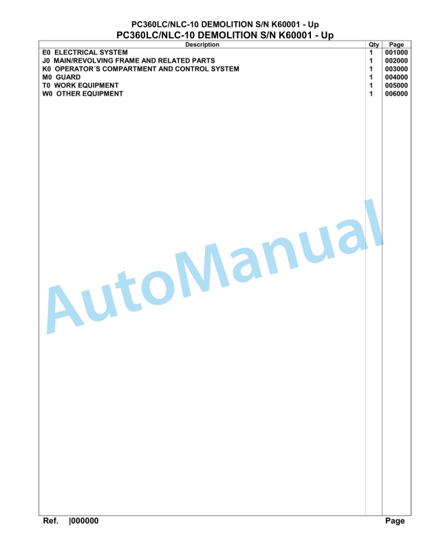 Komatsu PC360LC-10, PC360NLC-10 Demonlition Hydraulic Excavator Parts Manual K60001-Up