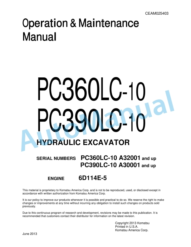Komatsu PC360LC-10, PC390LC-10 Hydraulic Excavator Operation and Maintenance Manual CEAM025403