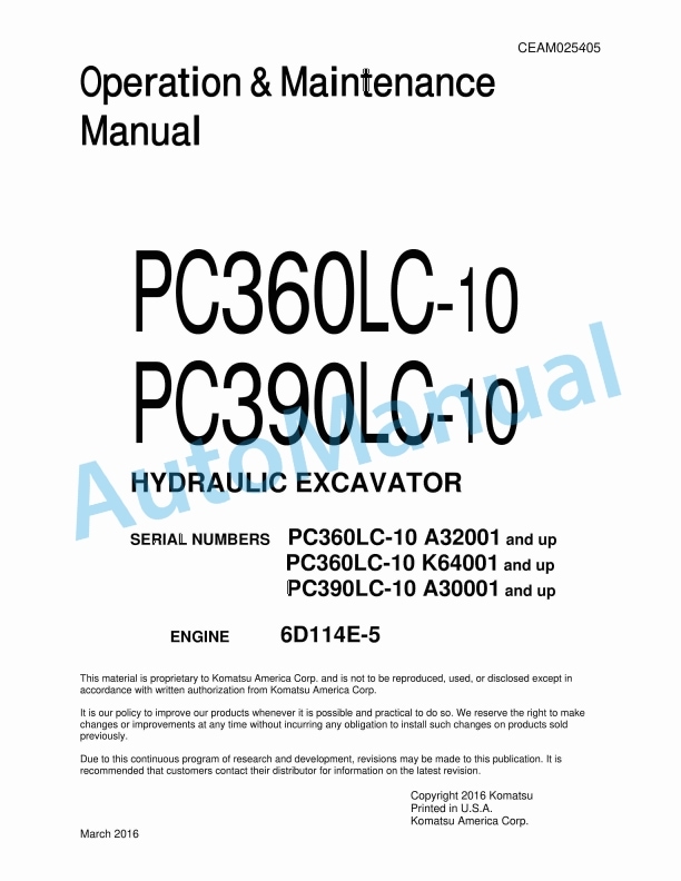 Komatsu PC360LC-10, PC390LC-10 Hydraulic Excavator Operation and Maintenance Manual CEAM025405