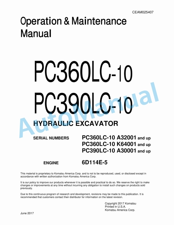 Komatsu PC360LC-10, PC390LC-10 Hydraulic Excavator Operation and Maintenance Manual CEAM025407