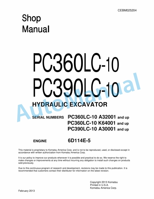 Komatsu PC360LC-10, PC390LC-10 Hydraulic Excavator Shop Manual CEBM025204