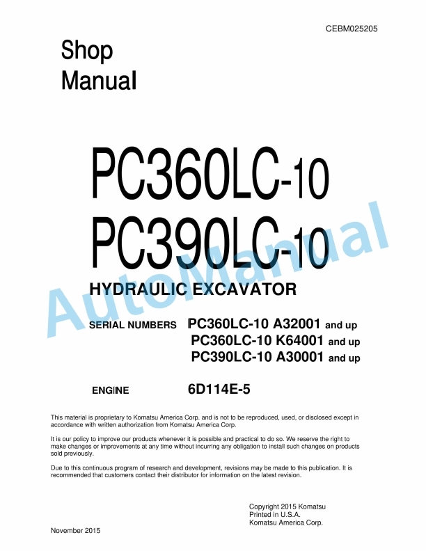 Komatsu PC360LC-10, PC390LC-10 Hydraulic Excavator Shop Manual CEBM025205