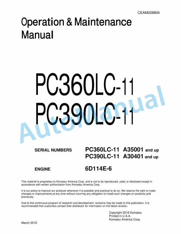 Komatsu PC360LC-10, PC390LC-11 Operation and Maintenance Manual CEAM028804