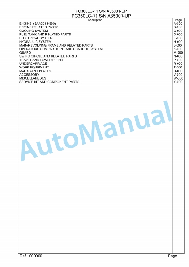 Komatsu PC360LC-11 Hydraulic Excavator Parts Manual A35001