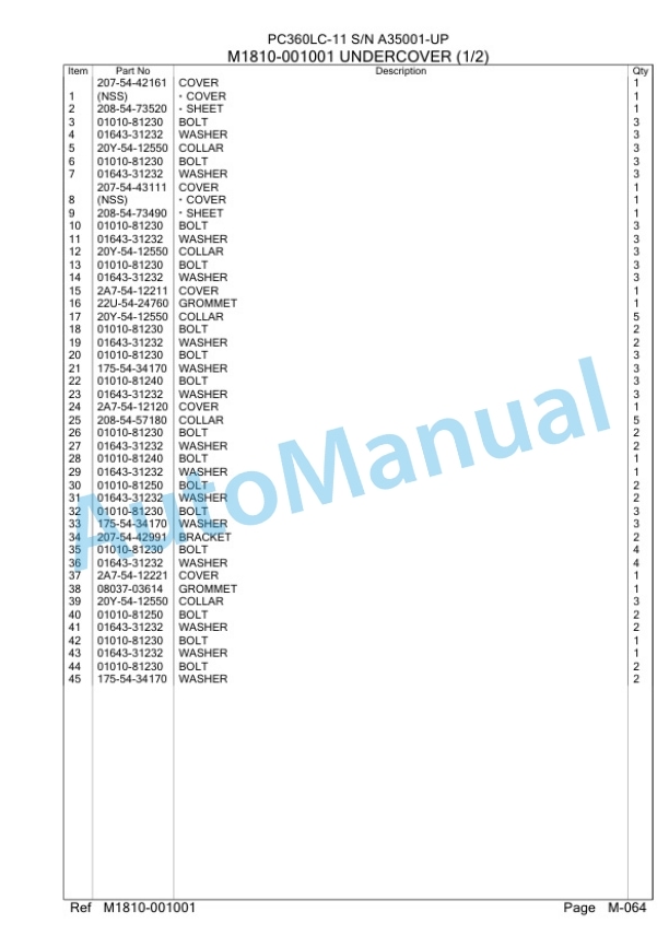 Komatsu PC360LC-11 Hydraulic Excavator Parts Manual A35001-5